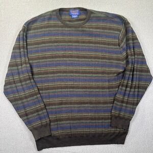 Pendleton Knit Sweater Mens XXL Merino Wool Striped Crewneck Brown Blue Ribbed